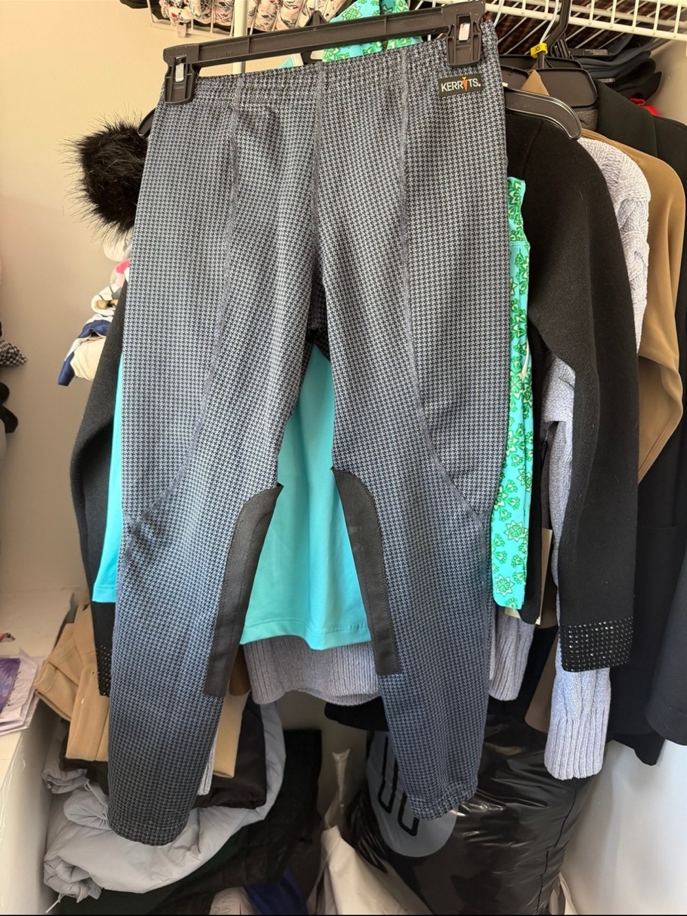 Kerrits Kids Blue Houndstooth Riding Breeches with black knee patch kids large